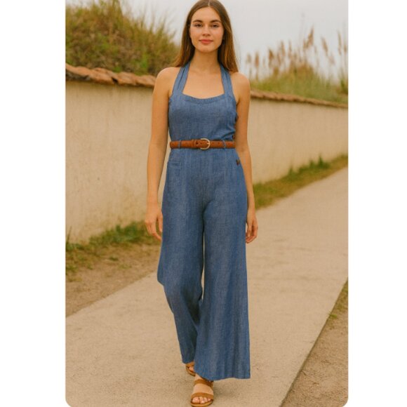 Anthropologie Elevenses SZ 6 Linen Cotton Blend Sharlene Denim Jumpsuit - Picture 1 of 8